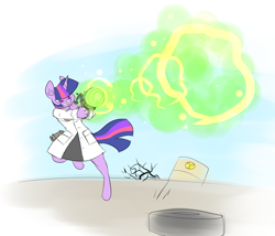 Size: 1216x1041 | Tagged: safe, artist:metal-kitty, character:twilight sparkle, character:twilight sparkle (unicorn), species:anthro, species:pony, species:unguligrade anthro, species:unicorn, clothing, fallout, fallout 4, female, gamma gun, lab coat, nuclear, radiation, radioactive, radioactive waste, solo, tire, toxic waste, wasteland