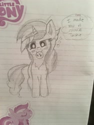 Size: 3024x4032 | Tagged: safe, artist:rainbowtashie, character:sweet biscuit, adorabiscuit, best pony, cookie, cookie cutter, cookie suprise, cute, female, food, lined paper, mouth hold, pencil drawing, scribbles, sketch, solo, thought bubble, traditional art, waifu