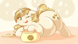 Size: 1938x1099 | Tagged: safe, artist:graphenescloset, character:sweet biscuit, species:pony, species:unicorn, ass up, belly, big belly, chubby, chubby cheeks, cookie, cookie jar, crumbs, cutie mark, fat, female, food, mare, one eye closed, simple background, solo, tongue out, weight gain, wink