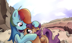 Size: 1147x697 | Tagged: safe, artist:gsphere, character:rainbow dash, character:scootaloo, species:pegasus, species:pony, comforting, crying, cute, hug, petting, scootalove