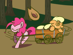 Size: 1280x960 | Tagged: safe, artist:flutterluv, character:applejack, character:pinkie pie, species:earth pony, species:pony, newbie artist training grounds, atg 2016, cart, duo, good trick, spinning