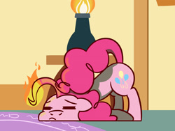 Size: 1280x960 | Tagged: safe, artist:flutterluv, character:pinkie pie, species:earth pony, species:pony, newbie artist training grounds, atg 2016, burning, eyes closed, female, fire, on fire, solo, tired