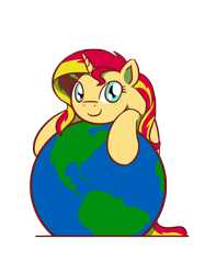 Size: 1280x1707 | Tagged: safe, artist:flutterluv, character:sunset shimmer, species:pony, species:unicorn, cute, earth, female, looking at you, macro, pony bigger than a planet, shimmerbetes, smiling, solo, sunset shimmer day, tangible heavenly object, weapons-grade cute