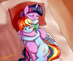 Size: 2400x2000 | Tagged: safe, artist:elzzombie, character:rainbow dash, character:twilight sparkle, character:twilight sparkle (alicorn), species:alicorn, species:pony, ship:twidash, blushing, cuddling, cute, dashabetes, duo, female, high res, lesbian, mare, shipping, snuggling, twiabetes