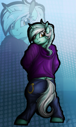 Size: 1973x3282 | Tagged: safe, artist:lupiarts, character:lyra heartstrings, species:pony, species:unicorn, back, background pony, chubby, clothing, digital art, female, hoodie, jeans, looking at you, pants, solo, standing, traditional art