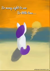 Size: 2048x2896 | Tagged: safe, artist:arifproject, character:rarity, species:pony, species:unicorn, beach, female, lineless, mare, ocean, sitting, solo, sunset, text