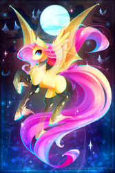 Size: 1847x2760 | Tagged: safe, artist:koveliana, character:flutterbat, character:fluttershy, species:bat pony, species:pony, chromatic aberration, clothing, cloud, color porn, eyestrain warning, female, flying, full moon, gem, jewelry, looking at you, night sky, pendant, raised hoof, smiling, solo, stockings, torn clothes, unshorn fetlocks