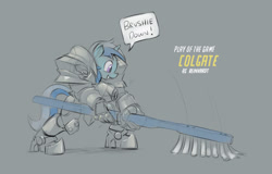 Size: 2000x1276 | Tagged: safe, artist:gsphere, character:minuette, brushie, crossover, cute, dialogue, female, overwatch, play of the game, reinhardt, solo, speech bubble, toothbrush