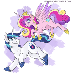 Size: 978x1000 | Tagged: safe, artist:spainfischer, character:princess cadance, character:shining armor, ship:shiningcadance, female, flying, husband and wife, looking at each other, male, married couple, running, shipping, simple background, smiling, straight, transparent background