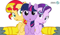 Size: 2647x1541 | Tagged: safe, artist:arifproject, character:gabby, character:starlight glimmer, character:sunset shimmer, character:twilight sparkle, species:griffon, species:pony, species:unicorn, cute, female, filly, filly starlight glimmer, filly sunset shimmer, filly twilight sparkle, glimmerbetes, looking at you, offscreen character, open mouth, shimmerbetes, simple background, transparent background, twiabetes, twilight's counterparts