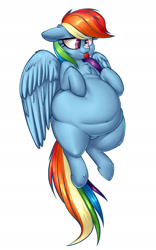 Size: 1200x1920 | Tagged: safe, artist:elzzombie, artist:yoditax, character:rainbow dash, belly, belly button, big belly, chest fluff, chubby, ear fluff, fat, female, food, leg fluff, rainblob dash, simple background, solo, tongue out, treat on nose, tubby wubby pony waifu, whipped cream, white background, wing fluff