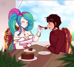 Size: 1600x1442 | Tagged: dead source, safe, artist:scorpdk, character:princess celestia, oc, oc:claymore, species:human, alternate hairstyle, breasts, busty princess celestia, cake, canon x oc, claylestia, cleavage, clothing, cute, cutelestia, eating, eyes closed, feeding, female, food, humanized, humanized oc, jewelry, necklace, open mouth, ponytail, shipping, smiling, sweat, sweatdrop, sweater