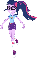 Size: 5145x7798 | Tagged: safe, artist:illumnious, character:twilight sparkle, character:twilight sparkle (scitwi), species:eqg human, equestria girls:legend of everfree, g4, my little pony: equestria girls, my little pony:equestria girls, .ai available, absurd resolution, camp everfree outfits, clothing, converse, cute, eyes closed, female, glasses, happy, raised leg, shoes, shorts, simple background, sneakers, socks, solo, transparent background, twiabetes, vector