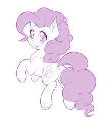 Size: 849x1000 | Tagged: safe, artist:dstears, character:pinkie pie, species:earth pony, species:pony, butt, chest fluff, cute, diapinkes, dock, female, head turn, looking at you, looking back, looking back at you, midair, monochrome, open mouth, plot, simple background, smiling, smiling at you, solo, white background