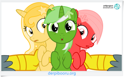 Size: 2443x1517 | Tagged: safe, artist:arifproject, character:gabby, oc, oc:downvote, oc:favourite, oc:upvote, species:griffon, species:pony, derpibooru, derpibooru ponified, cute, it begins, meme origin, meta, ponified, trio, varying degrees of want