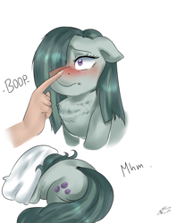 Size: 3400x4300 | Tagged: safe, artist:mrscurlystyles, character:marble pie, species:human, species:pony, blushing, boop, chest fluff, cute, dawwww, diabetes, embarrassed, female, hair over one eye, hand, hiding, marblebetes, mare, mhm, pillow, shy, simple background, white background