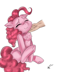 Size: 3400x4300 | Tagged: safe, artist:mrscurlystyles, character:pinkie pie, species:earth pony, species:human, species:pony, :3, behaving like a cat, behaving like a dog, chest fluff, chin scratch, cute, diapinkes, eyes closed, female, hand, mare, petting, simple background, solo, underhoof, white background