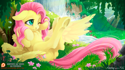 Size: 1000x563 | Tagged: safe, artist:arctic-fox, character:fluttershy, species:pegasus, species:pony, beautiful, chest fluff, crepuscular rays, cute, ear fluff, featureless crotch, female, floppy ears, flower, fluffy, forest, grass, ladybug, legs in air, mare, nature, on back, one eye closed, patreon, patreon logo, river, scenery, shyabetes, signature, solo, spread wings, tree, underhoof, water, waterfall, wings
