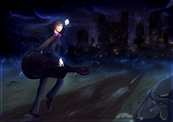 Size: 3189x2246 | Tagged: safe, artist:koveliana, character:octavia melody, species:human, cello case, chromatic aberration, city, clothing, dirt path, female, humanized, night, pants, rain, rock, running, shoes, solo