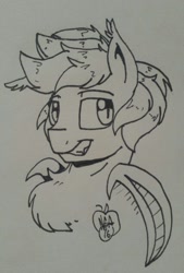Size: 867x1280 | Tagged: safe, artist:notenoughapples, oc, oc only, oc:apples, species:bat pony, species:pony, inktober, bust, grin, monochrome, race swap, smiling, solo, traditional art