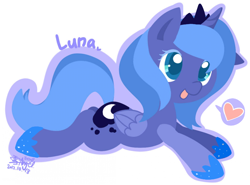 Size: 800x591 | Tagged: safe, artist:snow angel, character:princess luna, species:pony, colored pupils, female, heart, mare, pixiv, prone, s1 luna, simple background, smiling, solo, white background, woona