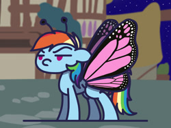 Size: 1280x960 | Tagged: safe, artist:flutterluv, character:rainbow dash, butterfly, butterfly wings, clothing, costume, female, halloween, nightmare night, nightmare night costume, no catchlights, no pupils, rainbow dash is not amused, shadow, solo