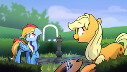 Size: 7680x4320 | Tagged: safe, artist:darkflame75, character:applejack, character:rainbow dash, ship:appledash, appledashery, clothing, cute, eye contact, fanfic, fanfic art, feather, female, floppy ears, hat, hatless, lesbian, looking at each other, missing accessory, open mouth, raised hoof, shipping, shy, smiling