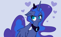 Size: 1280x768 | Tagged: safe, artist:turtlefarminguy, character:princess luna, species:alicorn, species:pony, female, floppy ears, frown, glare, grumpy, heart, jewelry, looking at you, mare, peytral, regalia, simple background, solo, spread wings, tsundere, tsunderuna, wings