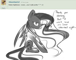 Size: 1024x814 | Tagged: safe, artist:despotshy, character:fluttershy, character:nightmare fluttershy, ask, clothing, deviantart, dialogue, female, gloves, grayscale, looking at you, monochrome, sitting, solo, speech bubble, spread wings, wings