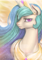 Size: 2480x3508 | Tagged: safe, artist:mrs1989, character:princess celestia, species:pony, bust, colored pupils, female, jewelry, looking at you, mare, portrait, regalia, solo