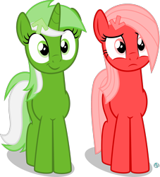 Size: 2000x2202 | Tagged: safe, artist:arifproject, oc, oc only, oc:downvote, oc:upvote, species:earth pony, species:pony, derpibooru, derpibooru ponified, frown, looking at you, meta, ponified, simple background, smiling, smirk pone collection, transparent background, varying degrees of want, vector