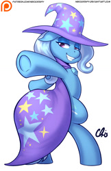 Size: 825x1275 | Tagged: safe, artist:nekocrispy, character:trixie, species:pony, species:unicorn, bipedal, female, lidded eyes, looking back, patreon, patreon logo, simple background, smirk, solo, trixie's cape, trixie's hat, underhoof, white background