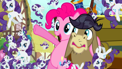Size: 1280x720 | Tagged: safe, artist:capnpea, edit, edited screencap, screencap, character:cranky doodle donkey, character:pinkie pie, character:rarity, species:donkey, species:earth pony, species:pony, species:unicorn, episode:a friend in deed, g4, my little pony: friendship is magic, commonity, fimbriae, multeity, ponidox, ponyville, self ponidox, stock vector, x x everywhere