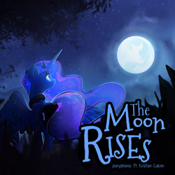 Size: 1200x1200 | Tagged: safe, artist:darkflame75, character:princess luna, album, album cover, female, grass, kristen calvin, moon, night, night sky, ponyphonic, sky, solo, spread wings, stars, the moon rises, tree, wings