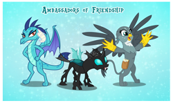 Size: 2544x1520 | Tagged: safe, artist:andoanimalia, character:gabby, character:princess ember, character:thorax, species:changeling, species:dragon, species:griffon, blue background, dragoness, female, male, simple background, trio