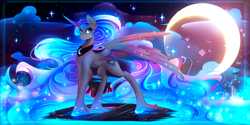 Size: 3000x1500 | Tagged: safe, artist:koveliana, character:princess luna, species:alicorn, species:pony, chromatic aberration, crescent moon, female, mare, moon, smiling, solo, spread wings, stars, unshorn fetlocks, updated, wings