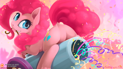 Size: 1300x731 | Tagged: safe, artist:arctic-fox, character:pinkie pie, species:earth pony, species:pony, cute, diapinkes, dock, featureless crotch, female, looking back, mare, mouth hold, party cannon, patreon, patreon logo, plot, rear view, solo, streamers