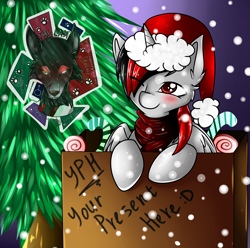 Size: 2020x2000 | Tagged: safe, artist:fkk, oc, oc only, species:pony, box, candy, christmas, clothing, commission, food, happy new year, hat, holiday, night, one eye closed, pony in a box, present, santa hat, snow, wink, ych result