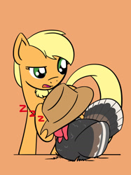 Size: 1280x1707 | Tagged: safe, artist:flutterluv, character:applejack, accessory swap, female, simple background, sleeping, solo, turkey, zzz
