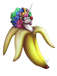 Size: 3000x4000 | Tagged: safe, artist:lupiarts, character:princess celestia, banana, bananalestia, blushing, clown, clown celestia, clown nose, disturbing, eyelashes, female, food, looking at you, simple background, smiling, solo, transparent background, wat, wide eyes