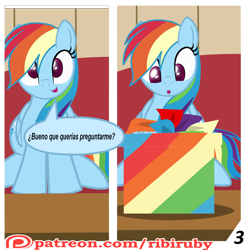 Size: 1280x1280 | Tagged: safe, artist:ribiruby, character:rainbow dash, species:pegasus, species:pony, comic:a gift for dash, comic, couch, dialogue, dock, female, mare, patreon, patreon logo, present, show accurate, sitting, solo, spanish, translated in the comments