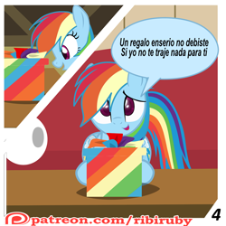 Size: 1280x1280 | Tagged: safe, artist:ribiruby, character:rainbow dash, species:pegasus, species:pony, comic:a gift for dash, comic, couch, dialogue, dock, female, mare, patreon, patreon logo, present, show accurate, sitting, solo, spanish, translated in the comments