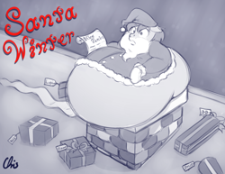 Size: 3300x2550 | Tagged: safe, artist:nekocrispy, oc, oc only, oc:winterlight, species:pony, awkward, awkward moment, belly, bhm, chimney, christmas, chubby, clothing, costume, fat, hat, holiday, impossibly large belly, male, present, santa claus, santa hat, solo, stallion, stuck