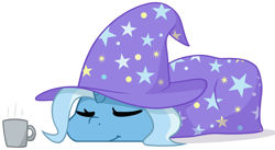 Size: 1280x703 | Tagged: safe, artist:furrgroup, character:trixie, species:pony, species:unicorn, clothing, drink, eyes closed, female, hat, prone, simple background, sleeping, smiling, solo, trixie's cape, trixie's hat, white background
