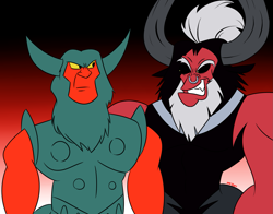 Size: 1697x1332 | Tagged: safe, artist:mofetafrombrooklyn, character:lord tirek, species:centaur, g1, g4, comparison, generational ponidox, grin, male, paradox, ponidox, red background, self paradox, simple background, smiling, tirac