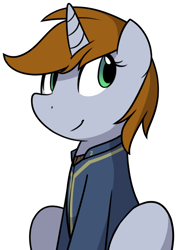 Size: 1280x1804 | Tagged: safe, artist:furrgroup, oc, oc only, oc:littlepip, species:pony, species:unicorn, fallout equestria, clothing, fanfic, fanfic art, female, horn, mare, simple background, smiling, solo, vault suit, white background