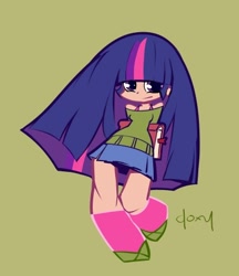 Size: 400x462 | Tagged: safe, artist:doxy, character:twilight sparkle, species:human, arm behind back, book, clothing, humanized, light skin, long hair, looking at you, panty and stocking with garterbelt, simple background, style emulation