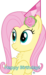 Size: 1800x2927 | Tagged: safe, artist:arifproject, edit, character:fluttershy, species:pony, arif's wide eyes pone, birthday, bust, chest fluff, clothing, cute, female, flower, happy birthday, hat, looking away, party hat, rose, shyabetes, simple background, solo, transparent background, vector