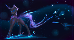 Size: 3000x1638 | Tagged: safe, artist:koveliana, oc, oc only, oc:phobos, species:changeling, changeling oc, chromatic aberration, commission, looking at you, purple changeling, solo