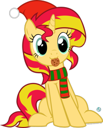 Size: 1803x2231 | Tagged: safe, artist:arifproject, derpibooru original, edit, character:sunset shimmer, species:pony, species:unicorn, :3, cap, christmas, clothing, cookie, cute, female, food, hat, holiday, horn, meme, mouth hold, santa hat, scarf, shimmerbetes, simple background, sitting, sitting catface meme, smiling, solo, transparent background, vector, vector edit